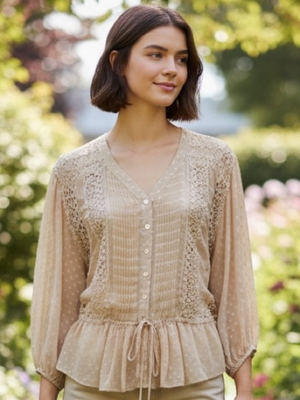 Daniel Rainn Beige Dot Crochet Button-Front Peplum Blouse